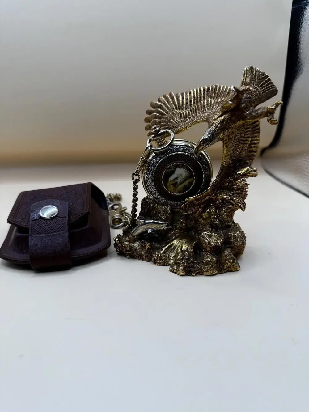 VTG Franklin Mint Bald Eagle Pocket Watch by Ted Blaylock Stand, Chain & Pouch